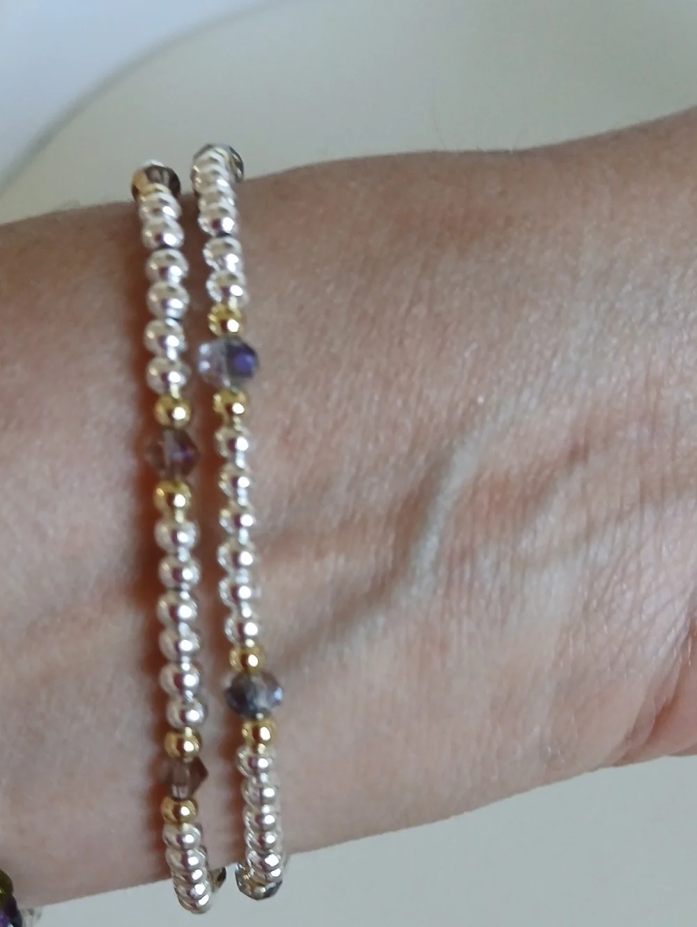 Set Of 2 Silver & 14k Gold Filled Beaded Stretch Bracelet with Purple Accent